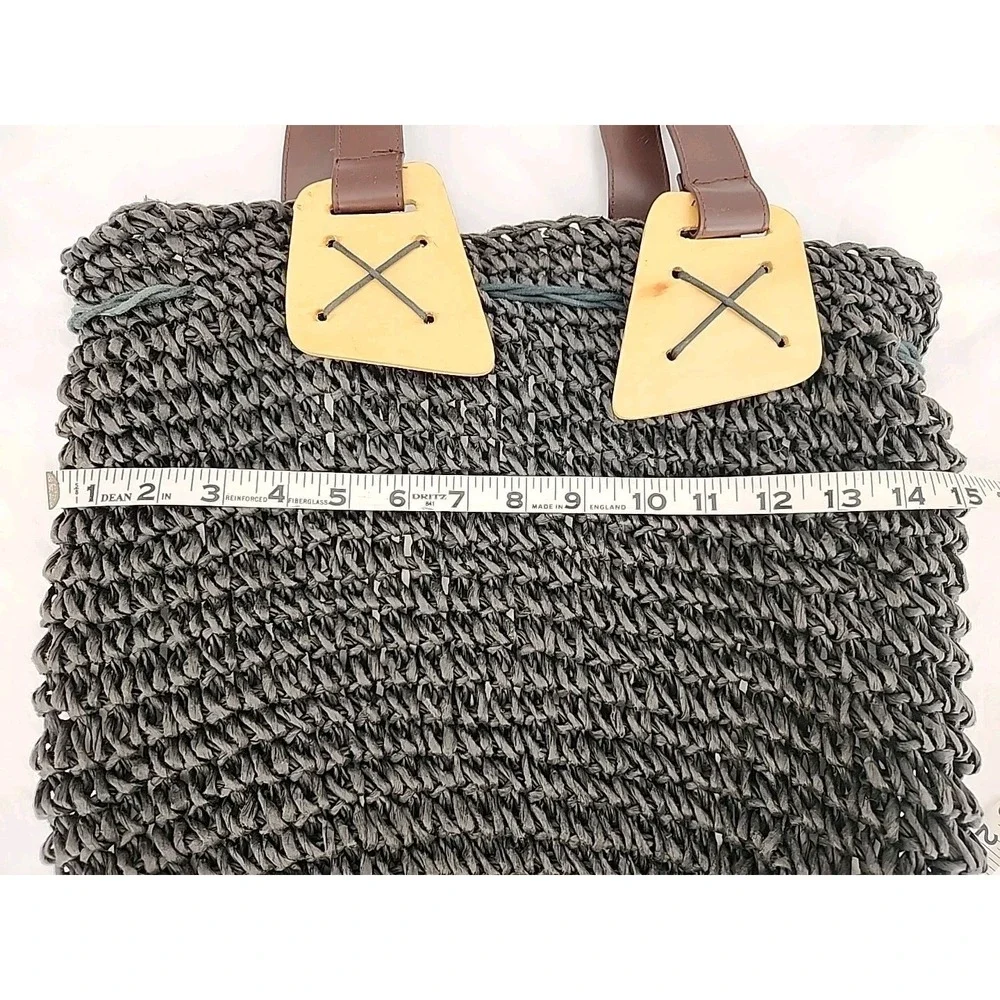 Straw, Leather & Wood Women's Tote Shoulder Handbag Black w/Brown Leather Straps